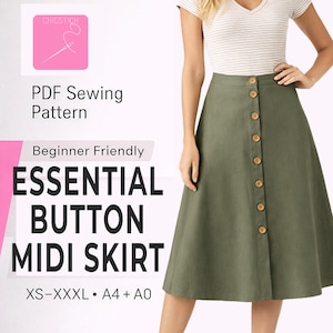 Puede incluir: Una falda midi verde oliva con botones en la parte delantera. La falda es parte de un patrón de costura PDF etiquetado como "Essential Button Midi Skirt" y es apta para principiantes. El patrón incluye tallas XS-XXXL y A4 + A0.