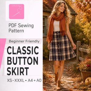 Könnte beinhalten: Ein karierter Knopfrock in Beige, Marineblau und Hellbraun, kombiniert mit einem rostfarbenen Schal. Das Bild enthält den Text "CLASSIC BUTTON SKIRT" und "PDF Sewing Pattern". Der Rock ist für Anfänger geeignet und in den Größen XS-XXXL erhältlich.