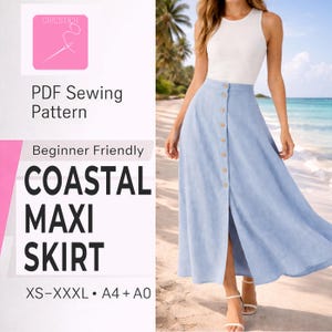 May include: A light blue maxi skirt with wooden buttons down the front, paired with a white top. The image includes text that reads "COASTAL MAXI SKIRT" and "PDF Sewing Pattern". The pattern is beginner friendly and available in sizes XS-XXXL.