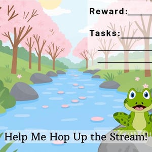 Op de afbeelding: Kleurrijke illustratie met een kikker op een rots in een beek. De scène bevat roze kersenbloesem bomen, een blauwe rivier en de tekst "Help Me Hop Up the Stream!" met ruimte voor "Beloning:" en "Taken:" bovenaan.