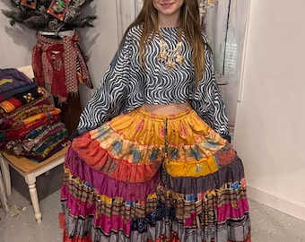 Boho Hippie Patchwork Palazzo Hose mit bauchfreiem Top One Size S bis XL / 2X