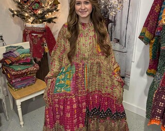 Cascade Dress Reversible Kantha Cotton with Pockets (S-2X )