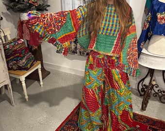 Sun Rise Kantha   Set  -  Kantha flare pant  with Ruffle Sleeves  Top  -   One Size S to 3X