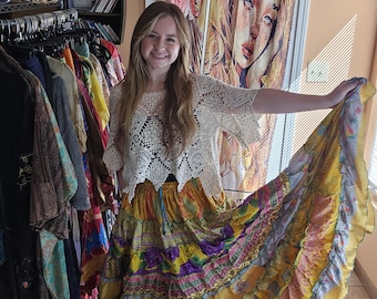 Boho Hippie Patchwork Maxi Skirt One Size S to XL with side pickets