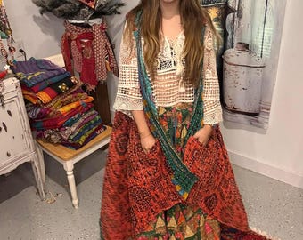 Conjunto Sun Rise - Pantalones palazzo reversibles y chaleco Kantha claro - Talla única S a 3X