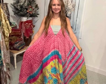 Reversible Flying Bird Kantha Cotton Flare Dress: Boho Style with Pockets and Top  One Size S to 3X