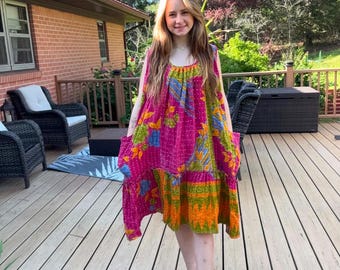 EveryDay Dress in Light Kantha  with  pockets   One Size M to 3X