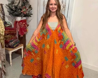 Reversible Flying Bird Kantha Cotton Flare Dress: Boho Style with Pockets and Top  One Size S to 3X