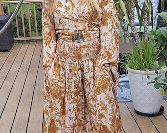 Palazzo Pants Set: Bell Sleeve Wrap Top, Vintage Silk Blend, One Size