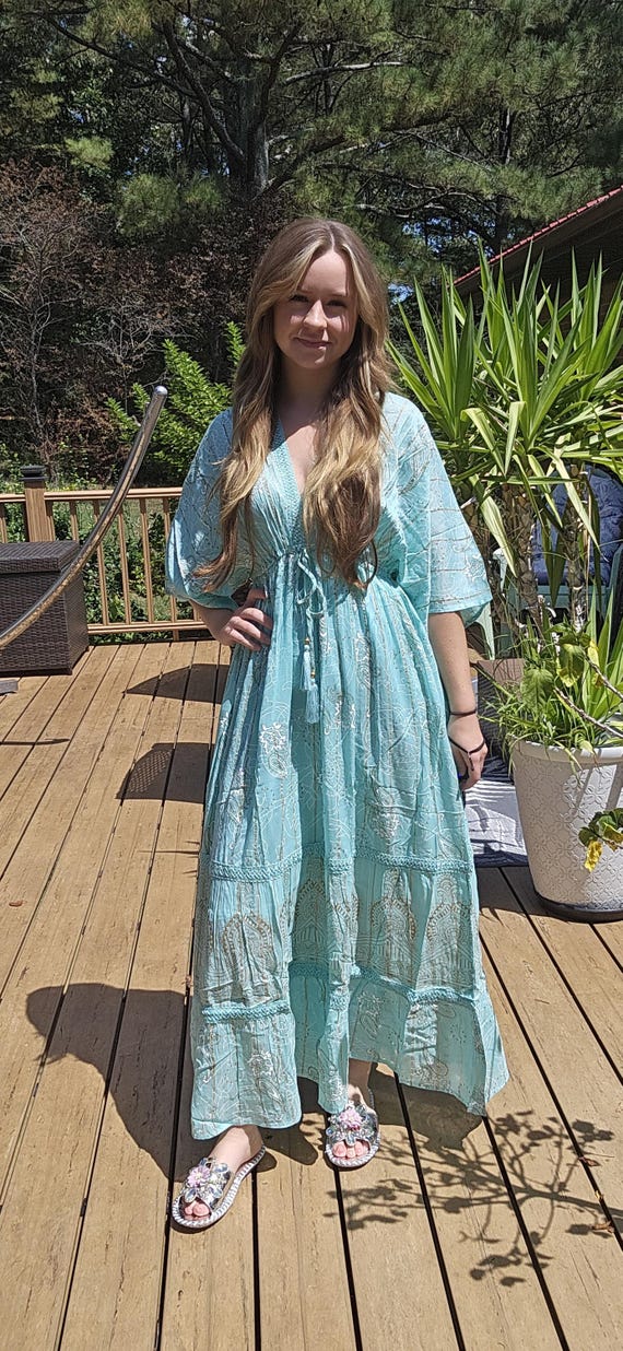 green emerald velvet dress V-neck Empire Waist Maxi Boho Chiffon Dress – DUNTERY