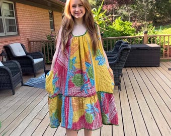 EveryDay Dress in Light Kantha  with  pockets   One Size M to 3X