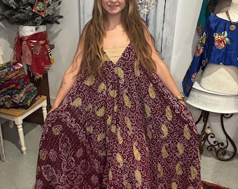 Reversible Flying Bird Kantha Cotton Flare Dress: Boho Style with Pockets One Size  S to 3X