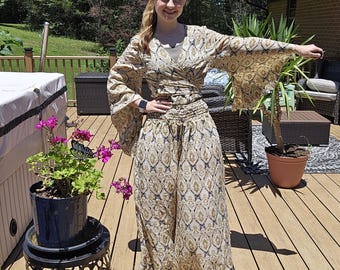 Palazzo Pants Set: Bell Sleeve Wrap Top, Vintage Silk Blend, One Size