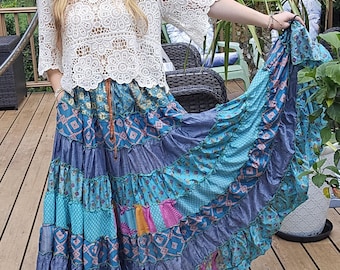 Boho Gypsy Hippie Patchwork Maxi Skirt - One Size S to 2X