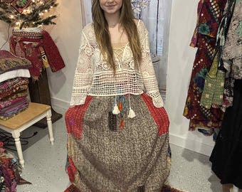 Peasant  Reversable Kantha  Maxi Skirt with side pockets One Size S to 2X