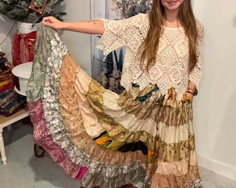 Boho Gypsy Hippie Patchwork Maxi Skirt One Size S to XL