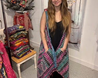 Wild Wind  Reversable Vest Duster in light kantha One Size S to 2X /3X