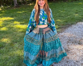 Patchwork Palazzo Pants Set with Crop Top – Vintage Saree Polysilk, Boho Style