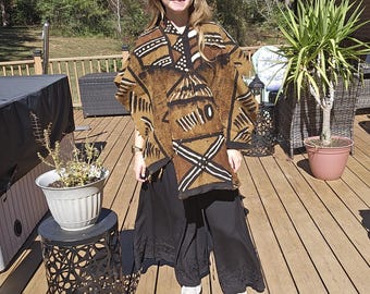 Hand Painted MudCloth Poncho - One Size S to 2X