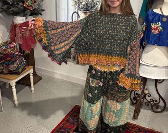 Sun Rise Kantha   Set  -  Kantha flare pant  with Ruffle Sleeves  Top  -   One Size S to 3X