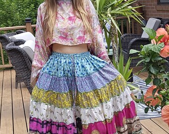 Falda larga de patchwork bohemia hippie con top corto Talla única S a XL /2X