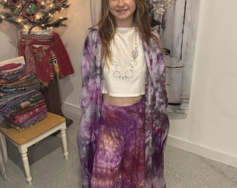 Conjunto de plumero teñido a mano con pantalón palazzo, talla única S-XL