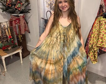 Tie Dye Flare Midi Dress with Pockets  One size S to XL