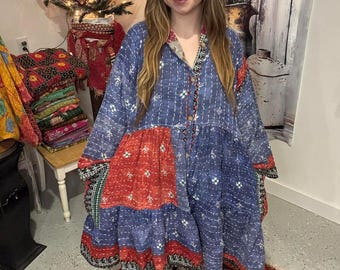 Vestido corto reversible de algodón Kantha con bolsillos (tallas S-2X)