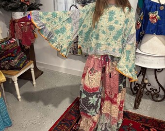 Sun Rise Kantha   Set  -  Kantha flare pant  with Ruffle Sleeves  Top  -   One Size S to 3X