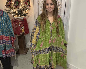 Short Cascade Dress Duster Reversible Kantha Cotton with Pockets (S-2X )