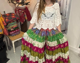 Pantalones Palazzo Boho Hippie Patchwork con bolsillos laterales Talla única S a 2X/3X