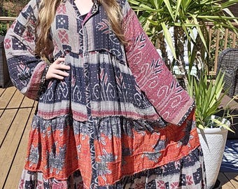 Cascade Flare Dress , duster  in light kantha  One Size S to 2X