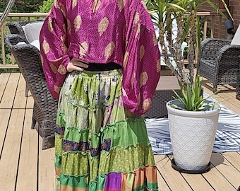Boho Patchwork Silk Skirt Set: Hippie Crop Top, Fits S-XL