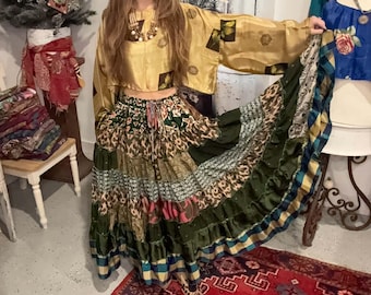Reserved Sandra Boho Patchwork Silk Skirt Set: Hippie Crop Top, Fits S-2X