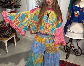 Sun Rise Kantha   Set  -  Kantha flare pant  with Ruffle Sleeves  Top  -   One Size S to 3X