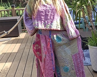 Conjunto de pantalón palazzo Kantha: Top con hombros descubiertos y bolsillos extragrandes, talla única S-2X