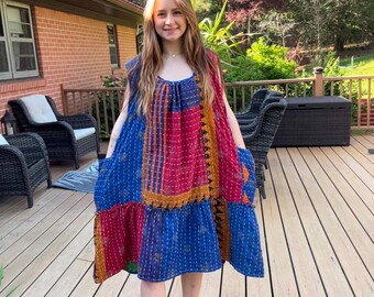 EveryDay Dress in Light Kantha  with  pockets   One Size M to 3X