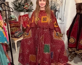 Reversible Flying Bird Kantha Cotton Flare Dress: Boho Style with Pockets and Top  One Size S to 3X