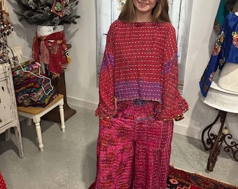 Sun Rise Kantha   Set  -  Kantha flare pant  with Ruffle Sleeves  Top  -   One Size S to 3X
