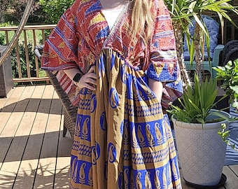 Vestido largo bohemio Moon Light Kantha y Polysilk: cintura imperio con bolsillos