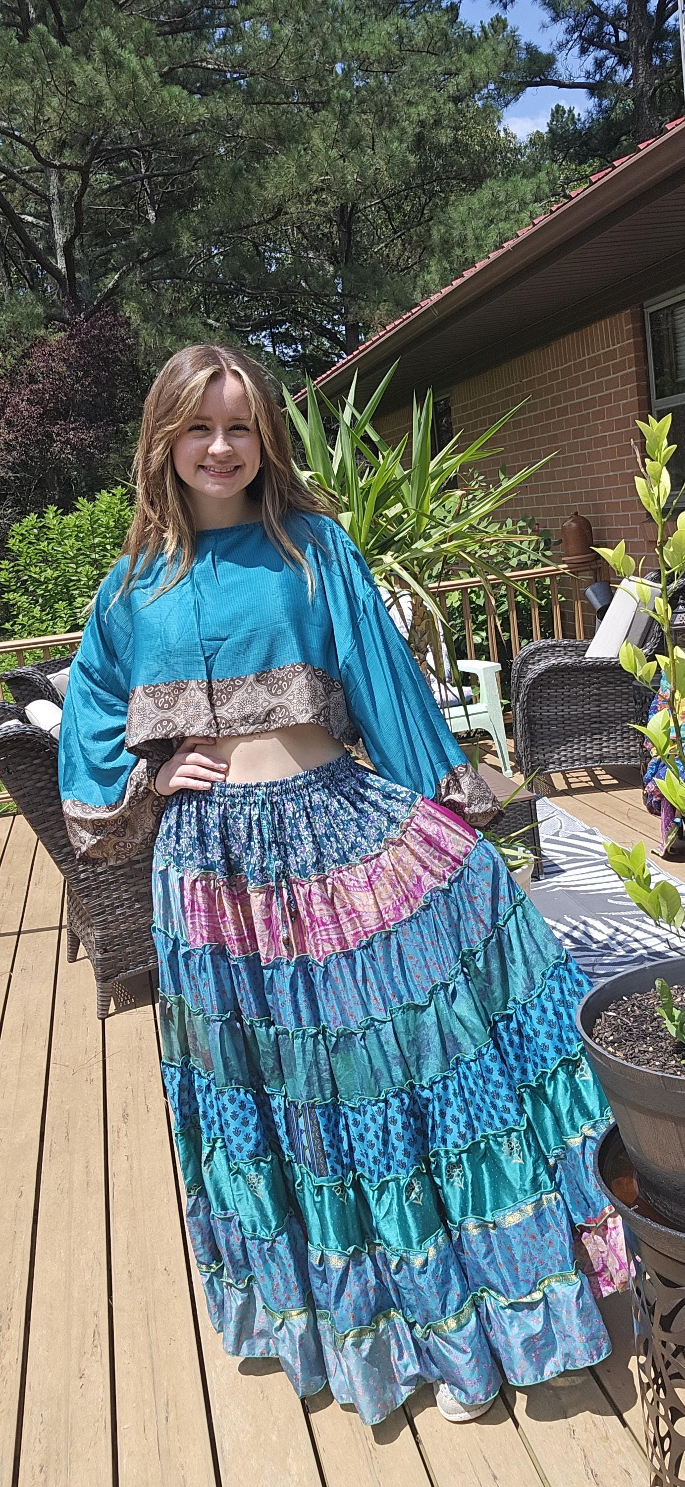 Maxi jupe bohème hippie en patchwork avec haut court Taille unique S à XL /2X
