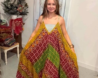 Reversible Flying Bird Kantha Cotton Flare Dress: Boho Style with Pockets and Top  One Size S to 3X