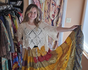 Boho Gypsy Hippie Patchwork Maxi Skirt with side pockets One Size S to 2X