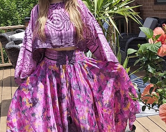 Conjunto de falda y pañuelo bohemio: top corto de seda, bolsillos laterales, tallas S-2X