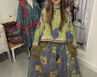 Nomad Spirit Boho Maxi Kantha Skirt -  One Size S to 2X/3X