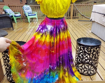 Boho Cotton Rainbow Tie Dyed Maxi Skirt One Size S to 2X
