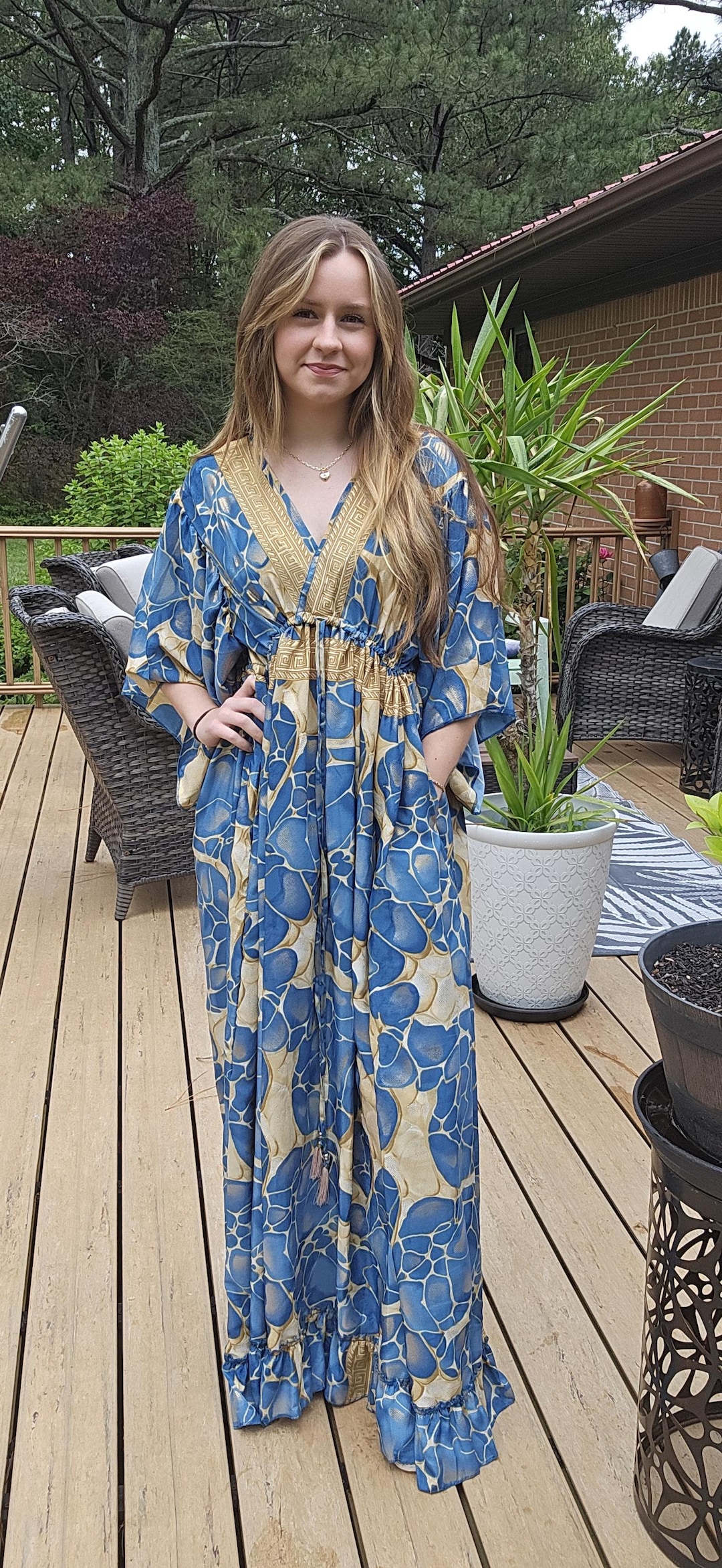 empire waist boho maxi dress R.Vivimos Maxi Dress for Women Long Sleeve V Neck Empire Waist Layered Ruffle Boho Casual Flowy Long Dresses