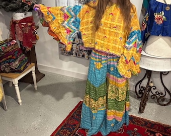 Sun Rise Kantha   Set  -  Kantha flare pant  with Ruffle Sleeves  Top  -   One Size S to 3X