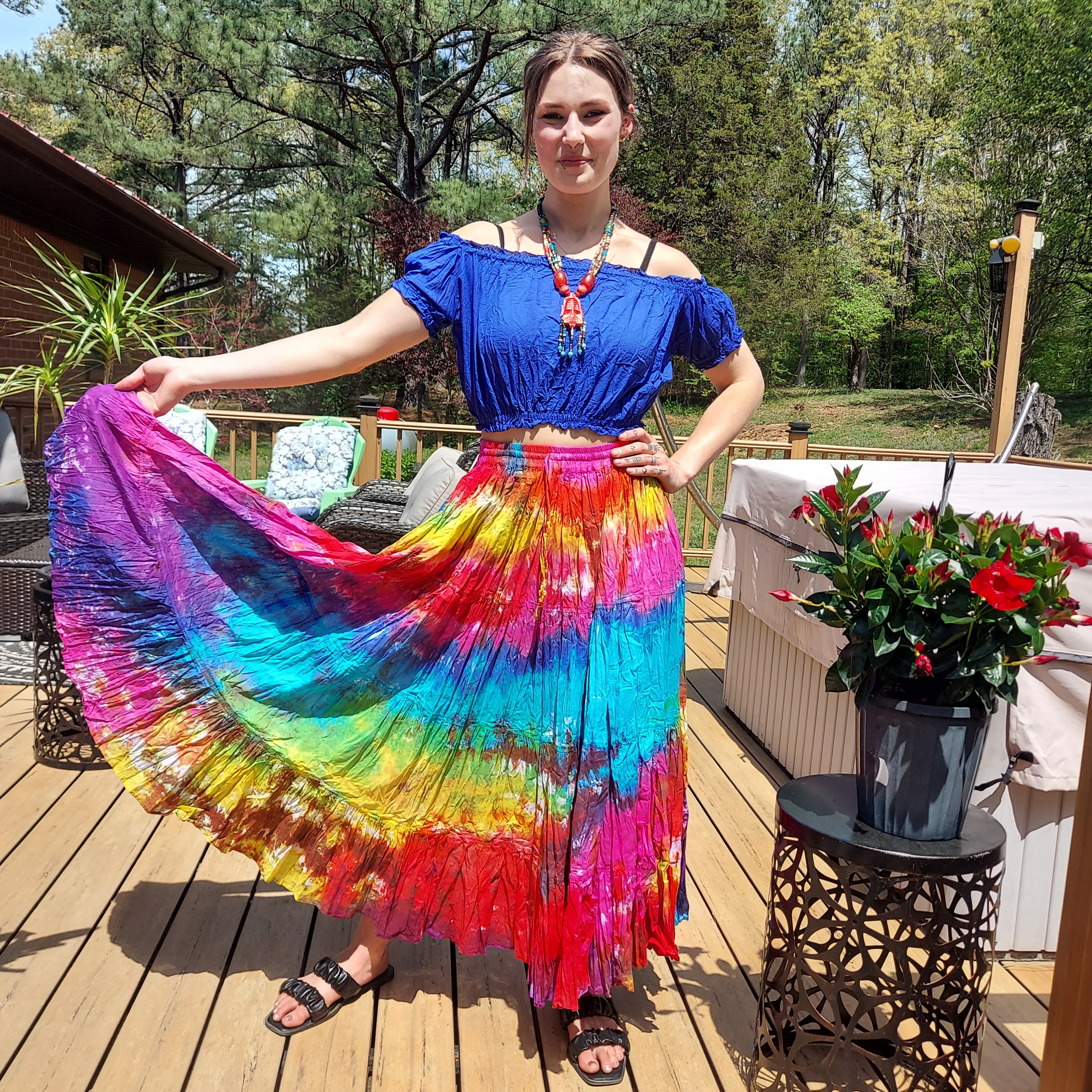 Dress Uo Tie Dye Skirt Boho Cotton Rainbow Tie Dyed Maxi Skirt One