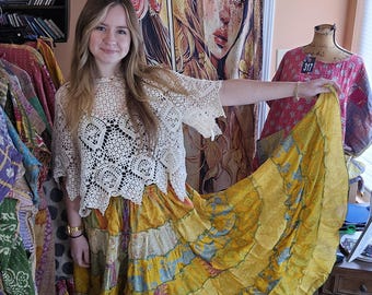 Boho Hippie Patchwork Maxi Skirt One Size S to XL